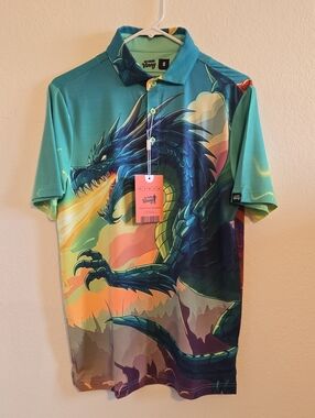 Old Friend Vinny Teal Dragon Graphic Golf Polo - Small